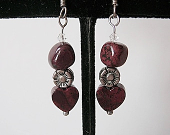 Poppy Jasper Gemstone Heart Earrings on Silver, Dark Red, Silver Flower, Short Earring