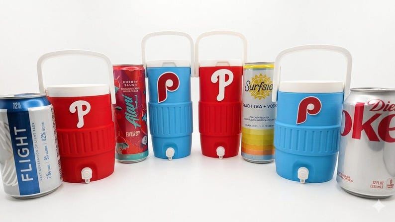 Philadelphia Baseball Mini Water Cooler Can Cooler | Igloo Style Cozie for 12oz Standard & Slim Cans | Tailgate Drink Holder Fan Gift image 1