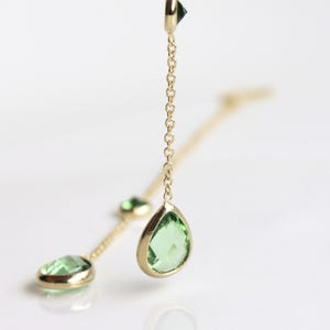 Gold Teardrop Threader Earrings: Dainty Green CZ Dangling Chain