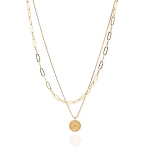 2-Layer Gold Necklace with Coin Pendant – Paperclip & Dainty Chain – Layered Statement Necklace – 24K Gold Plated Jewelry Gift