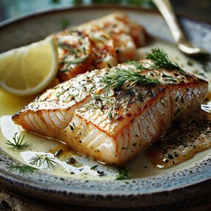 May include: A close-up of a plate of pan-seared fish fillets topped with fresh dill and a lemon wedge. The fish is golden brown and glistening with oil.