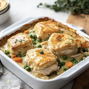 Può includere: Una pirofila di ceramica bianca piena di una torta salata di pollo cremosa. La pirofila è guarnita con quattro biscotti dorati di pasta sfoglia e decorata con rametti di timo fresco. Il ripieno comprende piselli, carote e pollo.