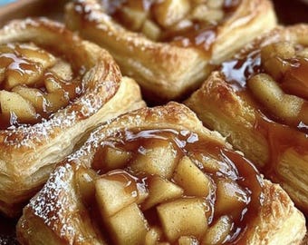 Op de afbeelding: Close-up van verschillende goudbruine gebakjes met een vierkante vorm. Elk gebakje is gegarneerd met in blokjes gesneden appels en een glanzende karamelsaus. Sommige gebakjes zijn bestrooid met poedersuiker.