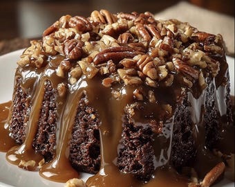 Puede incluir: Un pastel de chocolate cubierto con nueces pecanas y bañado con salsa de caramelo. El pastel está sobre un plato blanco, con la salsa de caramelo cayendo por los lados. El pastel es de color marrón oscuro, y las nueces pecanas son marrones claras y oscuras.