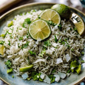 May include: A close-up of a bowl of white rice with chopped cilantro and lime wedges. The rice is fluffy and the lime wedges are bright green.