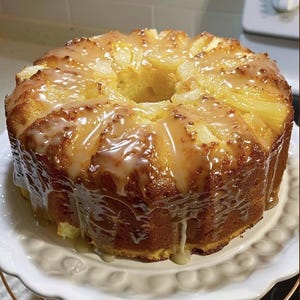 Peut inclure: Un gâteau renversé à l'ananas de couleur dorée, en forme d'anneau, garni de tranches d'ananas glacées et d'un glaçage brillant. Le gâteau est posé sur une assiette blanche à bord festonné, un dessert fait maison.