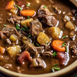 May include: A hearty beef stew in a round ceramic bowl featuring chunks of tender brown meat, bright orange carrot slices, diced potatoes, and celery pieces submerged in a thick, dark savory gravy, garnished with small green fresh thyme leaves.