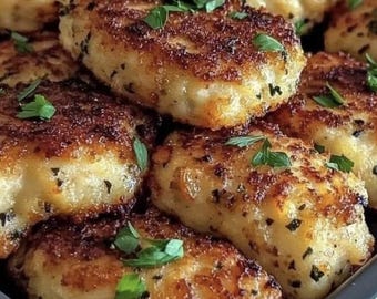 May include: Close-up of a pile of golden-brown, pan-fried patties, possibly potato cakes or croquettes. The patties are rectangular and topped with fresh green herbs. The edges are crispy, and the interior appears soft and fluffy. A delicious and appetizing meal.