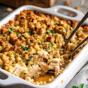 May include: A close-up shot of a baked casserole dish filled with chicken and stuffing. The dish is in a white rectangular baking pan. The stuffing has a golden-brown, crispy top, and the chicken is visible beneath. Two serving spoons are in the dish.