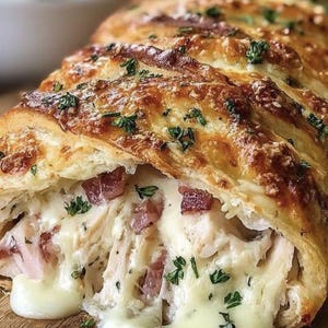 May include: A close-up of a baked bread dish with a golden-brown crust, filled with melted cheese, chicken, and bacon. Garnished with fresh green herbs, the dish sits on a wooden surface, showcasing a savory meal.