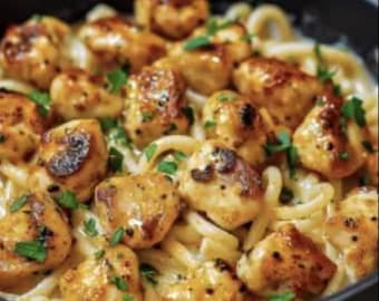 Best Recipe For Creamy Parmesan Pasta with Garlic Butter Chicken Bites, Easy Recipe, Printable Recipe PDF, Homemade Download