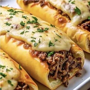 Op de afbeelding: Drie lange, goudbruine broodjes gevuld met een hartig vleesmengsel en bedekt met gesmolten kaas en gehakte peterselie.