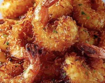 Puede incluir: Primer plano de un plato lleno de camarones con coco dorados y crujientes. Los camarones fritos están cubiertos de copos de coco y adornados con hierbas verdes. La imagen destaca la textura y el color de este plato de marisco, ideal como entrante.