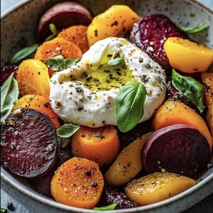 May include: A bowl of roasted beetroot and carrots with a dollop of whipped ricotta cheese, topped with fresh basil and black pepper.