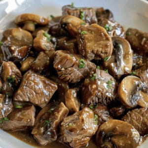 May include: A plate of beef and mushroom stew, presented in a close-up shot. The dish features chunks of beef and whole or sliced mushrooms, all coated in a rich, brown gravy. Fresh herbs are sprinkled on top for garnish.