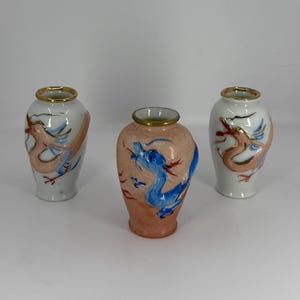 Vintage Japanese Dragon Vases | Hand-Painted Porcelain Mini Vases | Collectible Asian Home Decor | Gold Rim Ceramic Bud Vase | Made in Japan