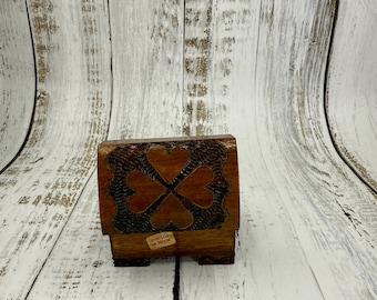 Vintage Hand-Carved Wooden Trinket Box: Polish Folk Art Clover & Heart Design