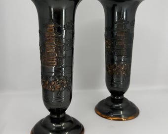 Vintage CPO Japanese Brass Vases: Mt Fuji Pagoda Relief Decor