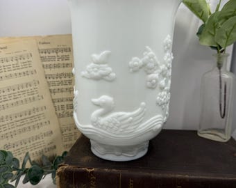 Vintage Fenton Milk Glass Vase: Asian Motif Swan & Guanyin Relief