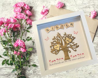 Personalized Christmas Gifts For Sisters, Family Tree, Shadowbox Frame, Home Decor, Scrabble Keepsake Wall Art, Birthday Just Because,Hearts
