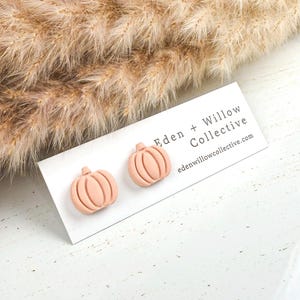 May include: A pair of light peach-colored pumpkin-shaped stud earrings. The earrings are on a white card with the text "Eden + Willow Collective" and the website address. The background features dried, tan-colored ornamental grass.
