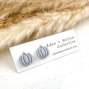 May include: A pair of light gray pumpkin-shaped stud earrings. The earrings are on a white card with the text "Eden + Willow Collective" and the website address. The background includes dried, beige-colored plants.