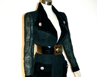 GIVENCHY COUTURE Vintage Dress Black Sheer Lace Velvet Belted Wiggle - AUTHENTIC -