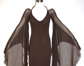 HALSTON Vintage Brown Backless Halter Angel Sleeve Maxi Dress Gown