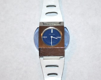 PIERRE CARDIN Vintage Jaeger Le Coultre White Leather Blue Lucite Watch - AUTHENTIC -