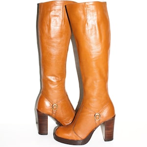 Vintage PLATFORM BOOTS Tan Leather 1970s Boots 6