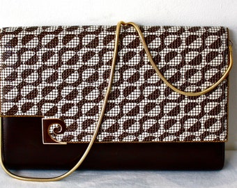 PIERRE CARDIN Vintage Handbag Clutch Chain Strap MOD Brown and Cream Convertible - Authentic -