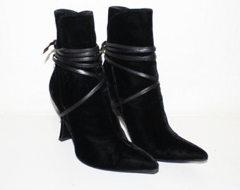 Vintage GIANNI VERSACE Black Velvet Spike Heels Bondage Strap Boots 37.5