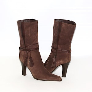 YVES SAINT LAURENT Vintage Boots Brown Suede Belt Strap Stiletto Booties 37.5M