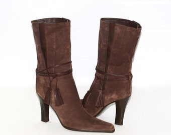 YVES SAINT LAURENT Vintage Boots Brown Suede Belt Strap Stiletto Booties 37.5M