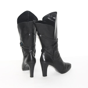 Vintage YVES SAINT LAURENT Boots Black Leather Bondage Calf High Heel Booties 10 - Authentic -