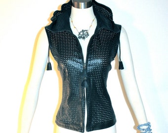 GIANNI VERSACE Vintage Black Leather Vest Hooded Perforated