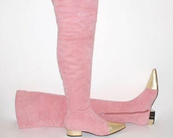 GIANNI VERSACE Vintage Over Knee Pink Suede Gold Leather Boots 39