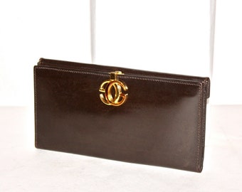GUCCI Vintage Brown Leather Wallet Monogram Enamel Coin Clutch - AUTHENTIC -
