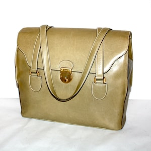 Vintage GUCCI Tote Olive Leather Large Floldover Locking Briefcase Handbag - AUTHENTIC-