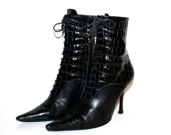 GIANNI VERSACE Vintage Boots Black Leather Lace Up Ankle Granny Booties 37.5 - AUTHENTIC -