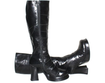 Vintage PLATFORM ROCKER Boots Black Leather 70's Sky High Handmade 41 - AUTHENTIC -