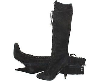 Vintage PRADA Boots Black Suede Leather Lace Up Stiletto 38