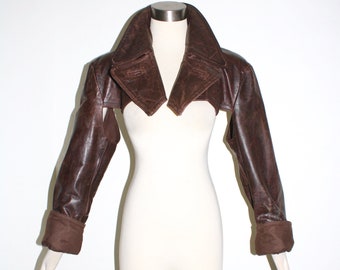 Jean Paul GAULTIER Femme Vintage Leather Jacket Distressed Brown Cropped Bolero - AUTHENTIC -