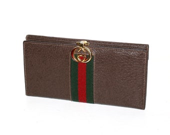 GUCCI Vintage Brown Leather Web Wallet Monogram Enamel Coin Clutch - AUTHENTIC -