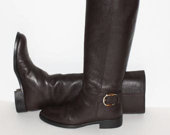 GUCCI Vintage Boots Brown Leather Horsebit Riding Boots 38 -AUTHENTIC-