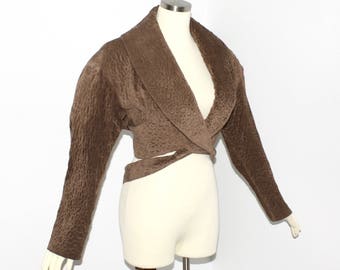 AZZEDINE ALAIA Vintage 1987 Embossed Brown Suede Cropped Bondage Wrap Jacket -RARE-