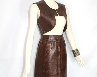PIERRE CARDIN Rare & Mod Vintage Reptile Embossed Leather Skirt Vest Outfit