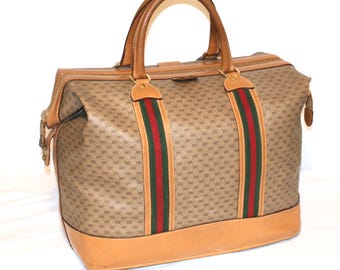 GUCCI Vintage Carry On Tan Monogram Leather Web Duffel Travel Bag  - AUTHENTIC -