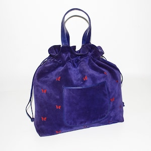 BOTTEGA VENETA Vintage Large Purple Suede Red Cut Out Butterfly Handbag Tote - AUTHENTIC -