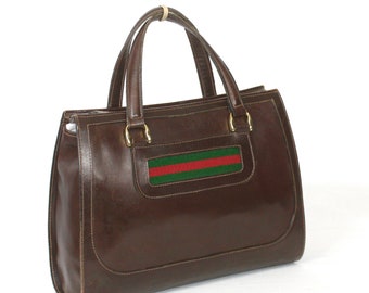 Early GUCCI Vintage Handbag Brown Leather Web Doctors Tote